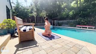 A big-breasted blonde MILF gets fucked in the pool, showcasing her huge boobs