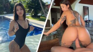 Petite girl sits on the bottom, holding her breath for a second
