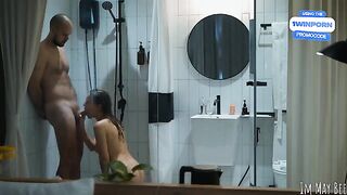 A couple has a steamy shower session with a satisfying finish