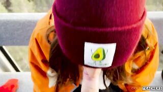 A blowjob with a stranger on the mountain cableway and cum in her mouth